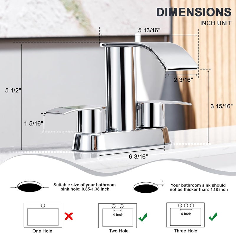 Ultimate Unicorn Bathroom Faucet for Sink Chrome, 4 Inch Bathroom Sink Faucet for 3 Hole or 2 Hole, 2 Handle Waterfall Faucets with Pop up Drain, Centerset Faucets for RV, Patent No. : US D983,326 S - Image 3